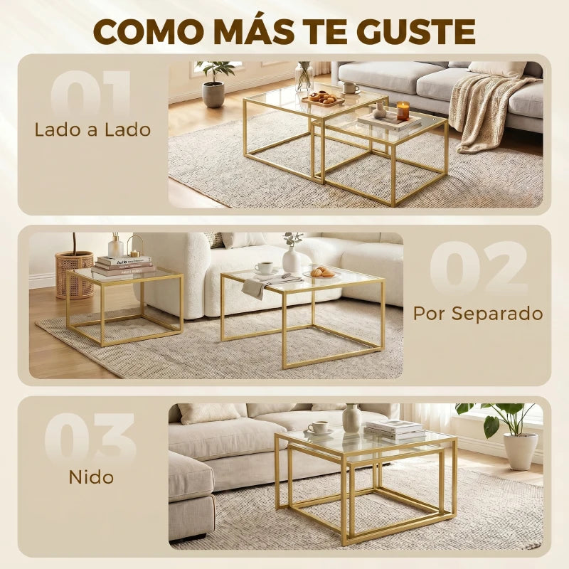 Las dos mesas de centro de cristal colocadas por separado en el salón