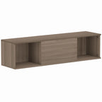 mueble tv de pared marrón con dos compartimentos abiertos y puerta abatible central, visto de frente