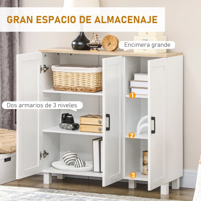 Aparador buffet blanco usado como mueble auxiliar en una cocina
