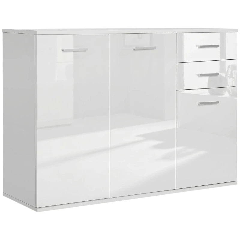 Aparador Olomouc en blanco brillante con dos cajones y tres puertas