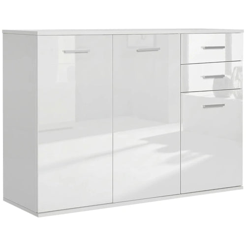 Aparador Olomouc en blanco brillante con dos cajones y tres puertas