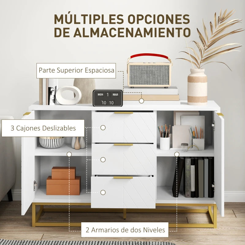 Aparador Doré con cajones y puertas abiertos mostrando su capacidad de almacenaje