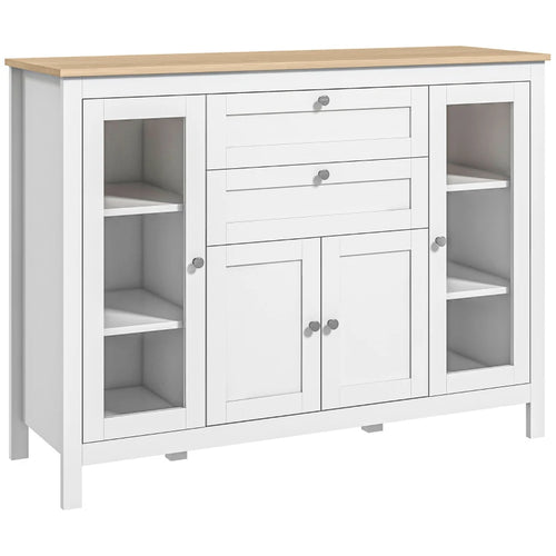 Aparador de 120 cm en blanco y roble con puertas de vidrio y 2 cajones