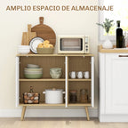 Aparador buffet blanco y natural usado como mueble auxiliar en una cocina