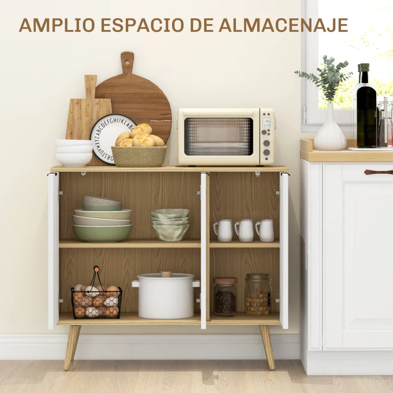Aparador buffet blanco y natural usado como mueble auxiliar en una cocina
