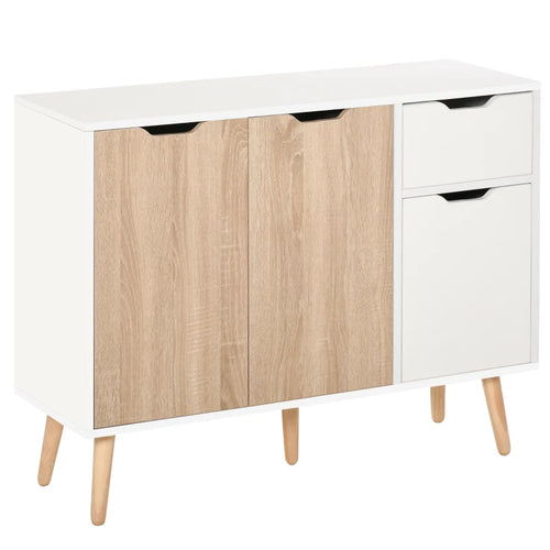 Aparador auxiliar de 90 cm en blanco y madera natural con 2 armarios y cajón
