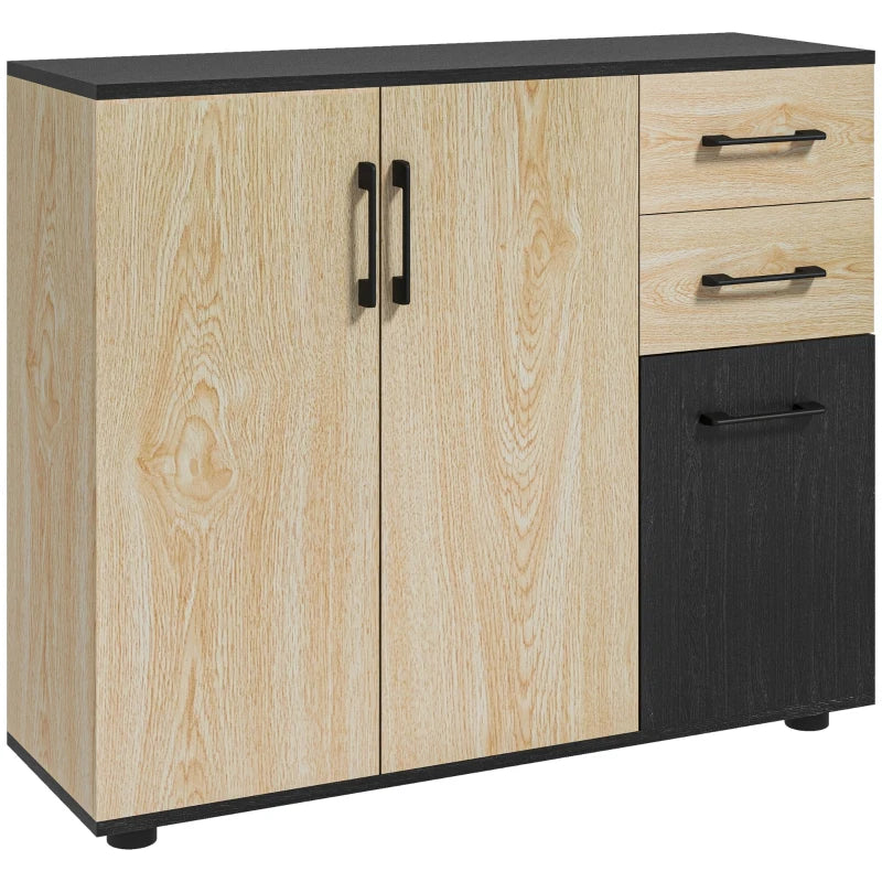 Aparador estrecho Brno en madera natural con detalles negros y tiradores metálicos