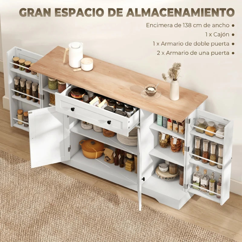 Cajón amplio abierto con cubiertos y utensilios de cocina