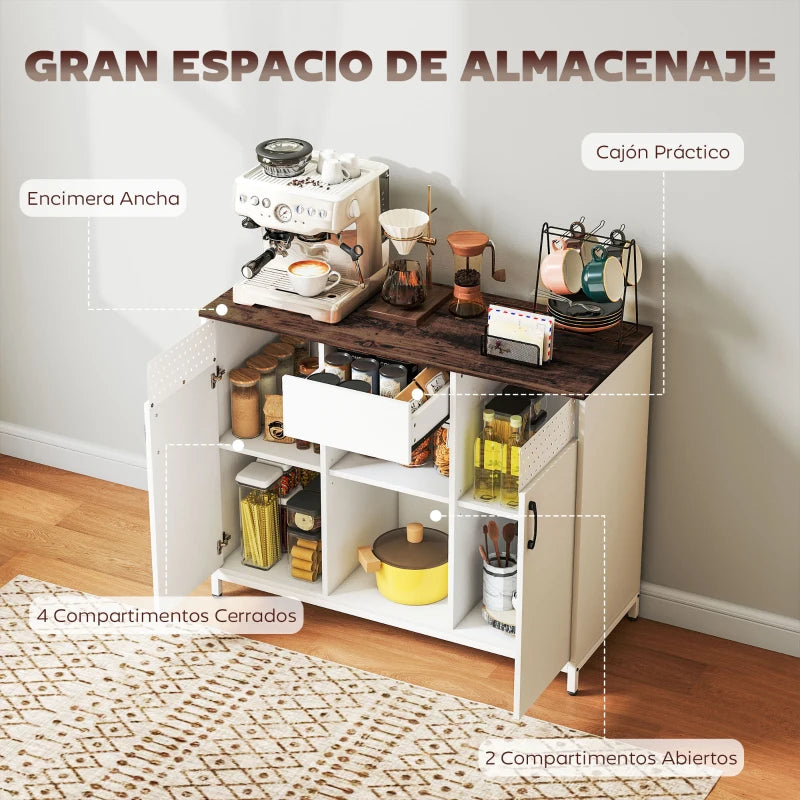 Compartimentos abiertos centrales con estante regulable y botes de cocina