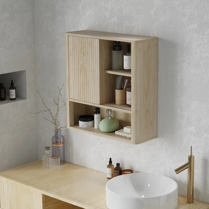 Armario de pared en madera natural montado en un baño de estilo moderno