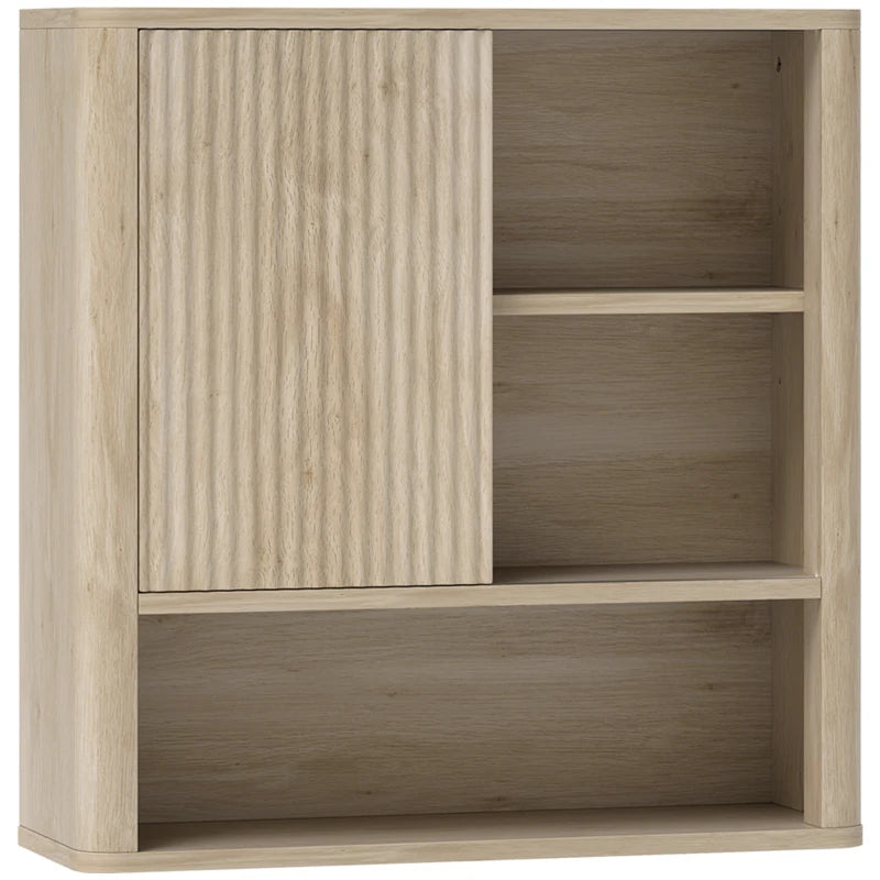 Armario de baño de pared en madera natural con puerta corredera estriada