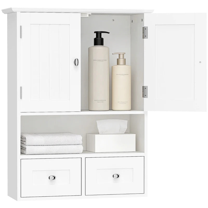 Armario de baño colgante en blanco con dos puertas, dos cajones y estante abierto