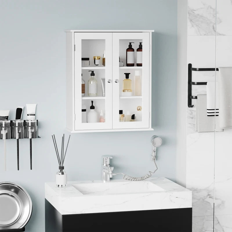 Armario colgante blanco con puertas de cristal montado en un baño moderno