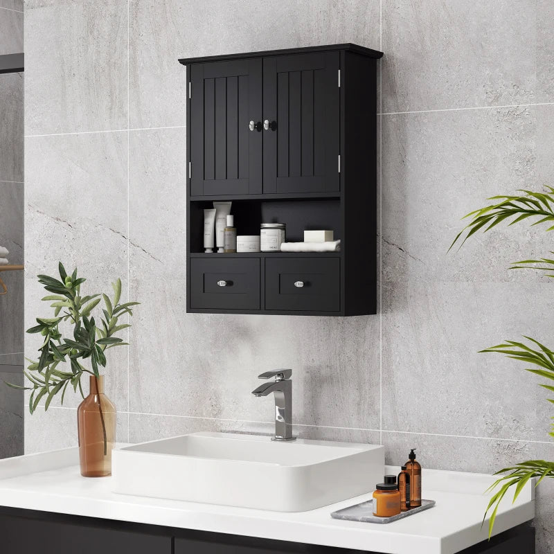 Armario de Baño Berlanga de Pared 51 cm Negro con 2 Puertas, 2 Cajones y Estante Abierto