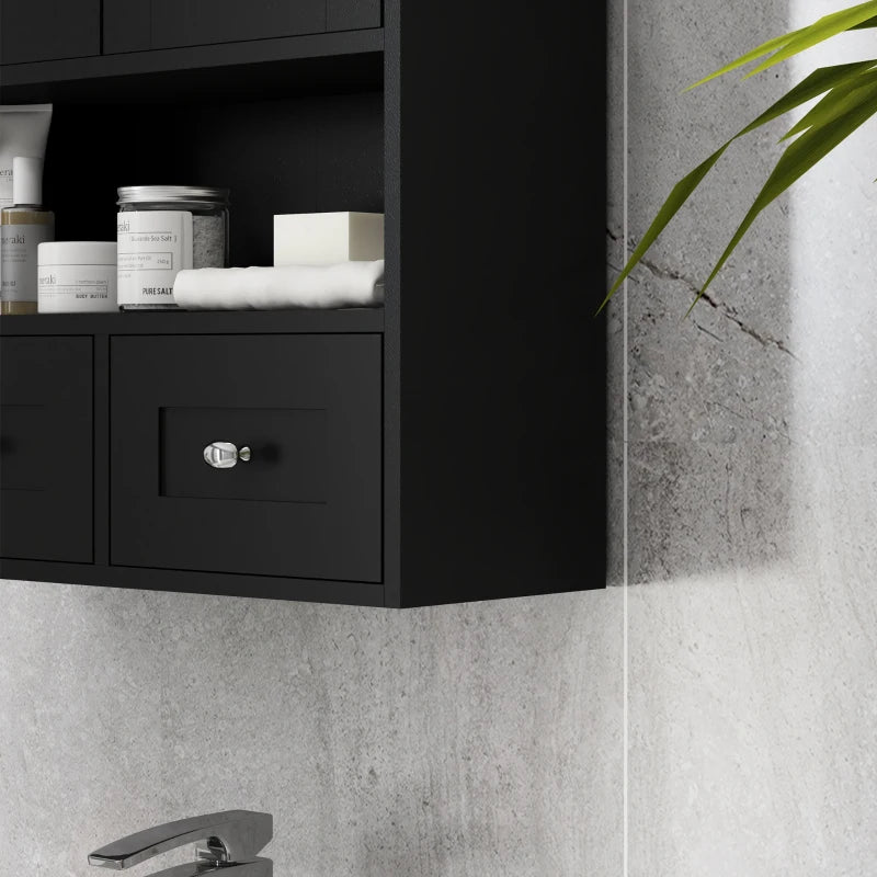 Armario de Baño Berlanga de Pared 51 cm Negro con 2 Puertas, 2 Cajones y Estante Abierto