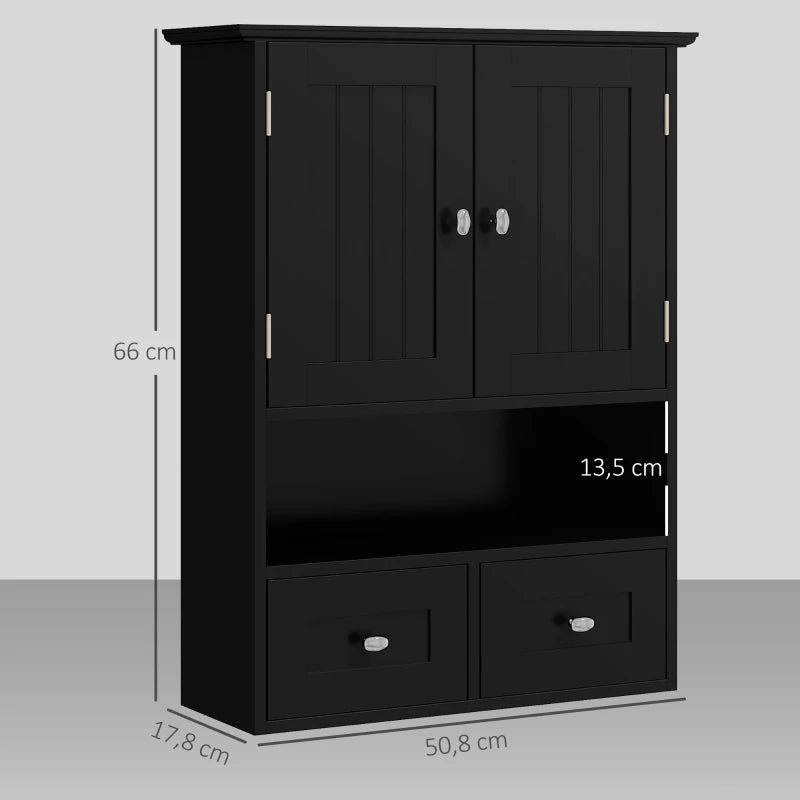 Armario de Baño Berlanga de Pared 51 cm Negro con 2 Puertas, 2 Cajones y Estante Abierto