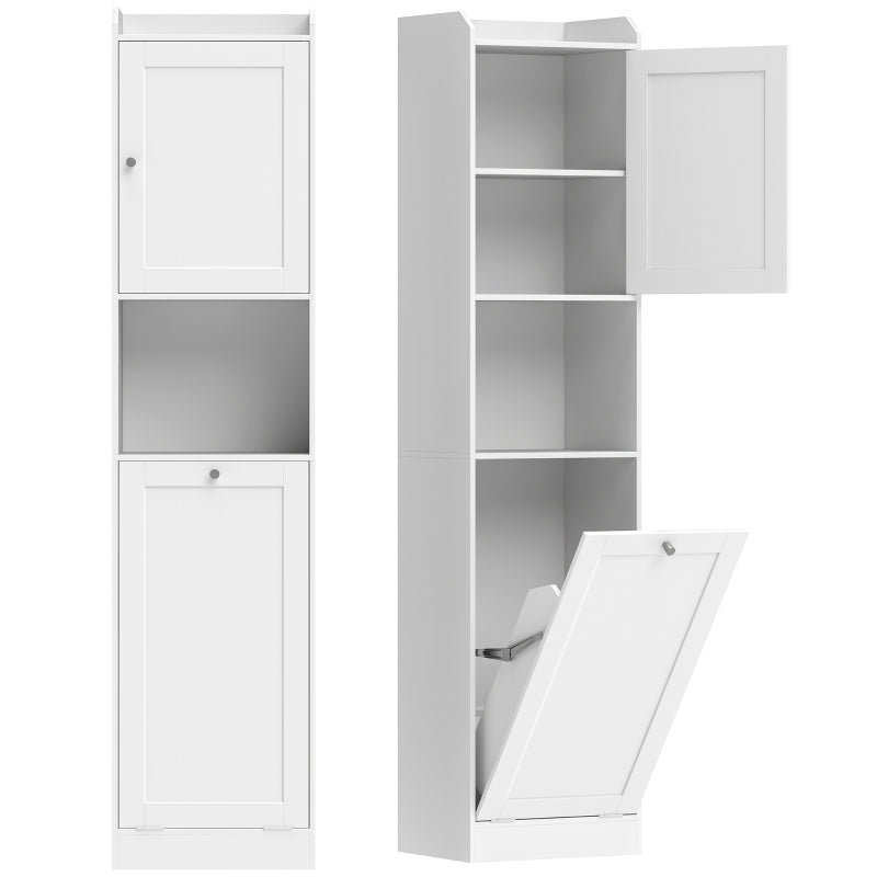 Coria Armario Alto de Baño 170 cm Blanco con Cesto de Ropa Extraíble, Compartimentos Abiertos y Estantes Ajustables
