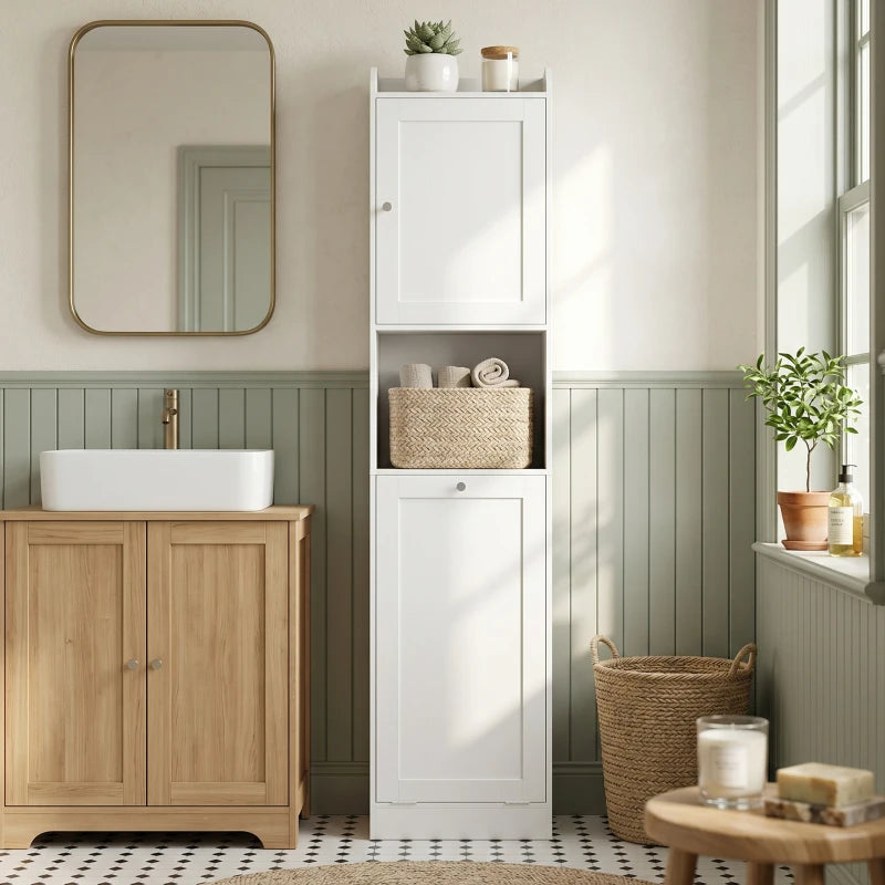 Coria Armario Alto de Baño 170 cm Blanco con Cesto de Ropa Extraíble, Compartimentos Abiertos y Estantes Ajustables