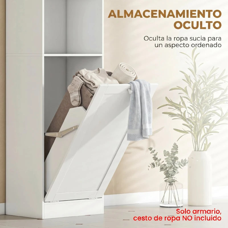 Coria Armario Alto de Baño 170 cm Blanco con Cesto de Ropa Extraíble, Compartimentos Abiertos y Estantes Ajustables
