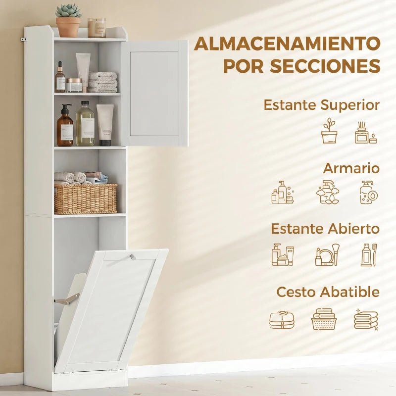 Coria Armario Alto de Baño 170 cm Blanco con Cesto de Ropa Extraíble, Compartimentos Abiertos y Estantes Ajustables