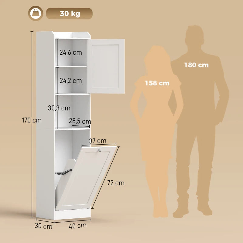 Coria Armario Alto de Baño 170 cm Blanco con Cesto de Ropa Extraíble, Compartimentos Abiertos y Estantes Ajustables