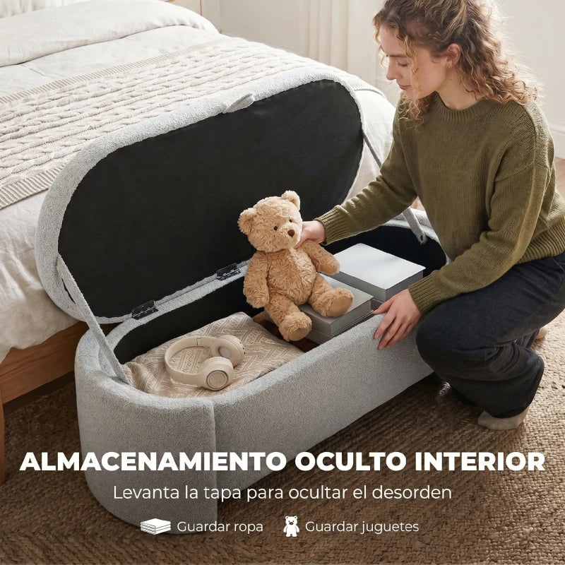Banco Cadaqués con la tapa levantada mostrando el amplio almacenaje interior
