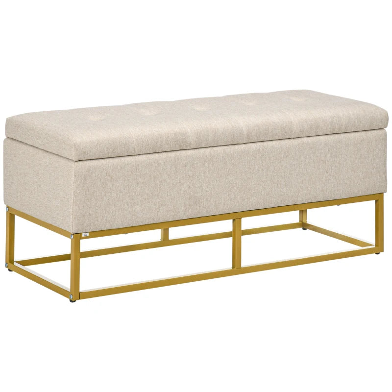 Banco con almacenaje tapizado en beige con patas de acero