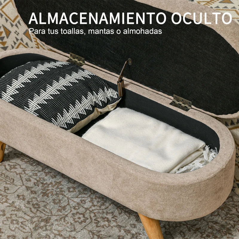 Banco Zahara con el asiento levantado mostrando el espacio de almacenaje interior