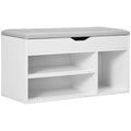 Banco zapatero blanco con asiento acolchado y cajón visto de frente