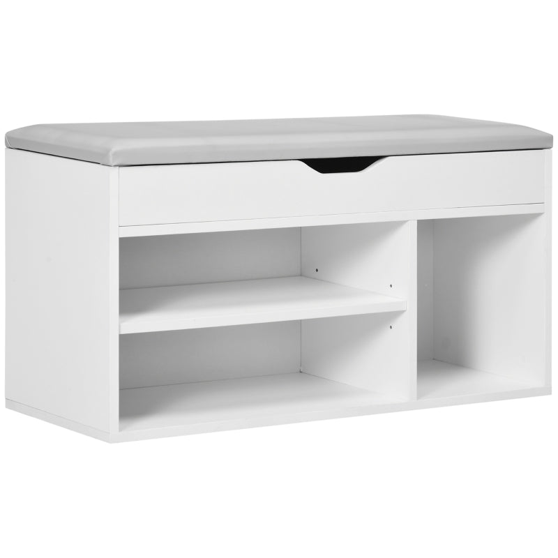 Banco zapatero blanco con asiento acolchado y cajón visto de frente