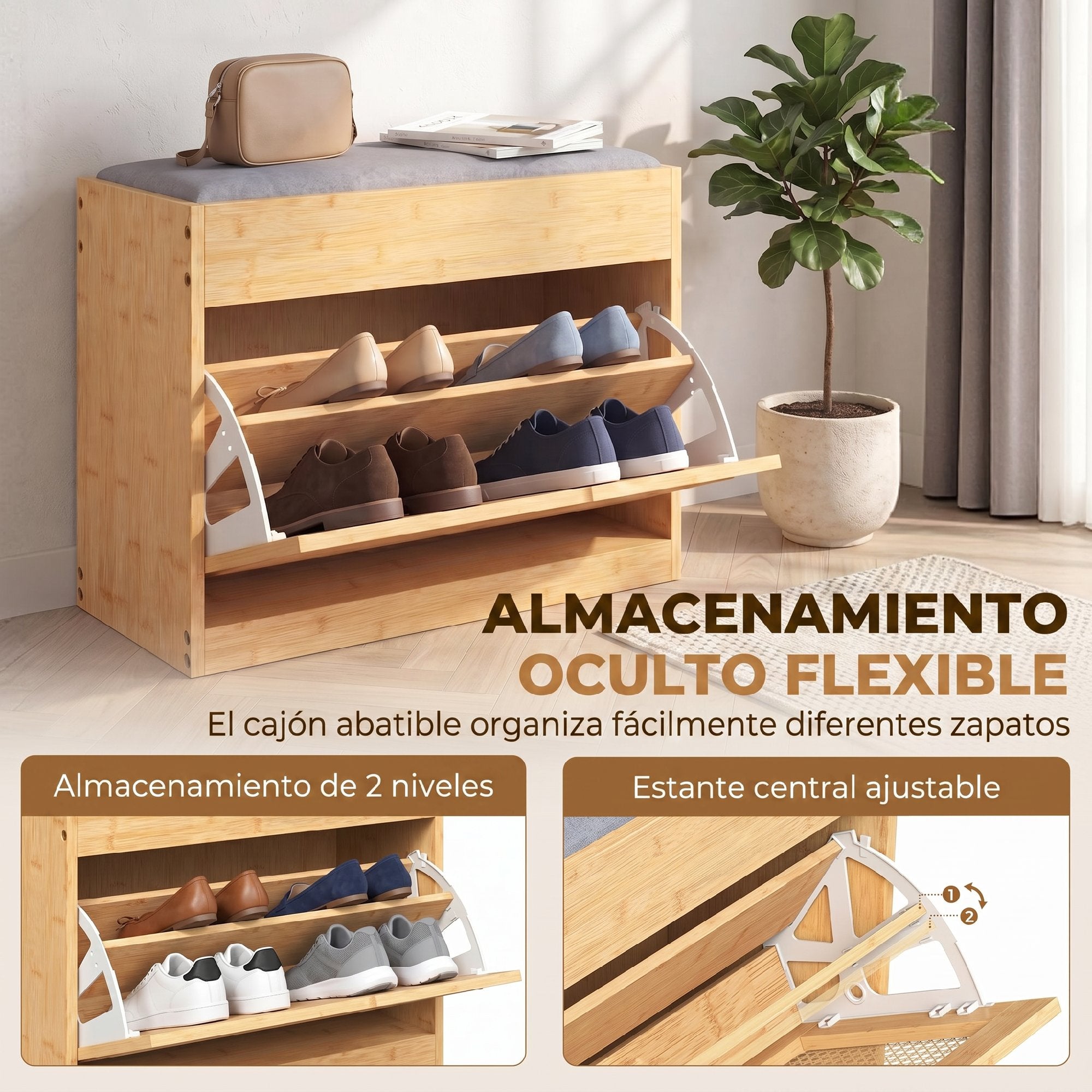 Cajón abatible del banco zapatero abierto con zapatos en su interior