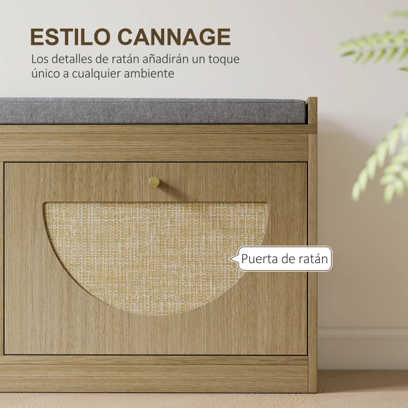Puertas de ratán tejido con tiradores dorados del banco zapatero Mistral
