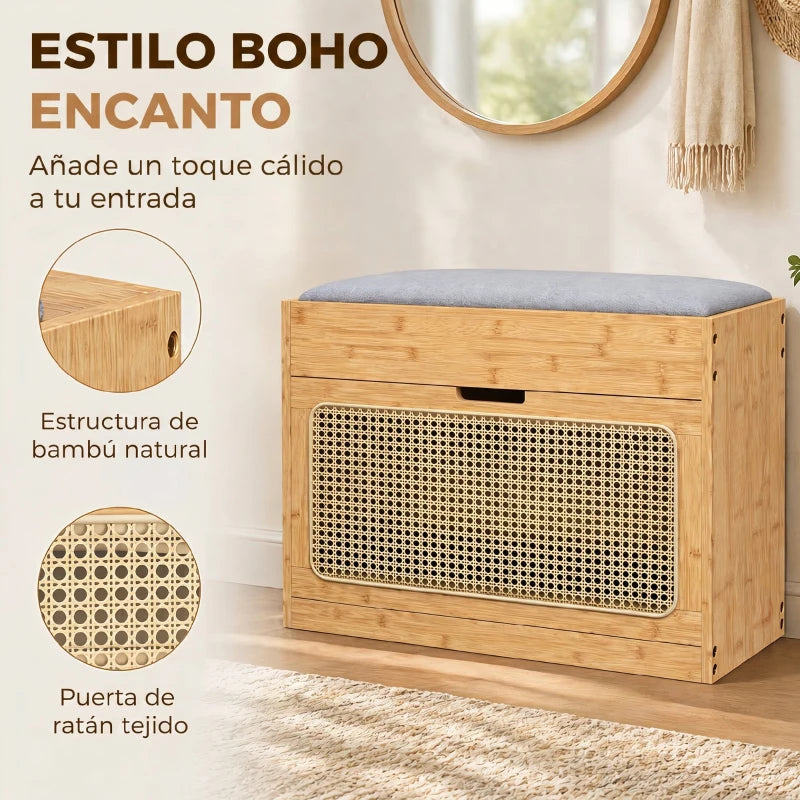 Detalle de la puerta de ratán tejido del banco zapatero de recibidor