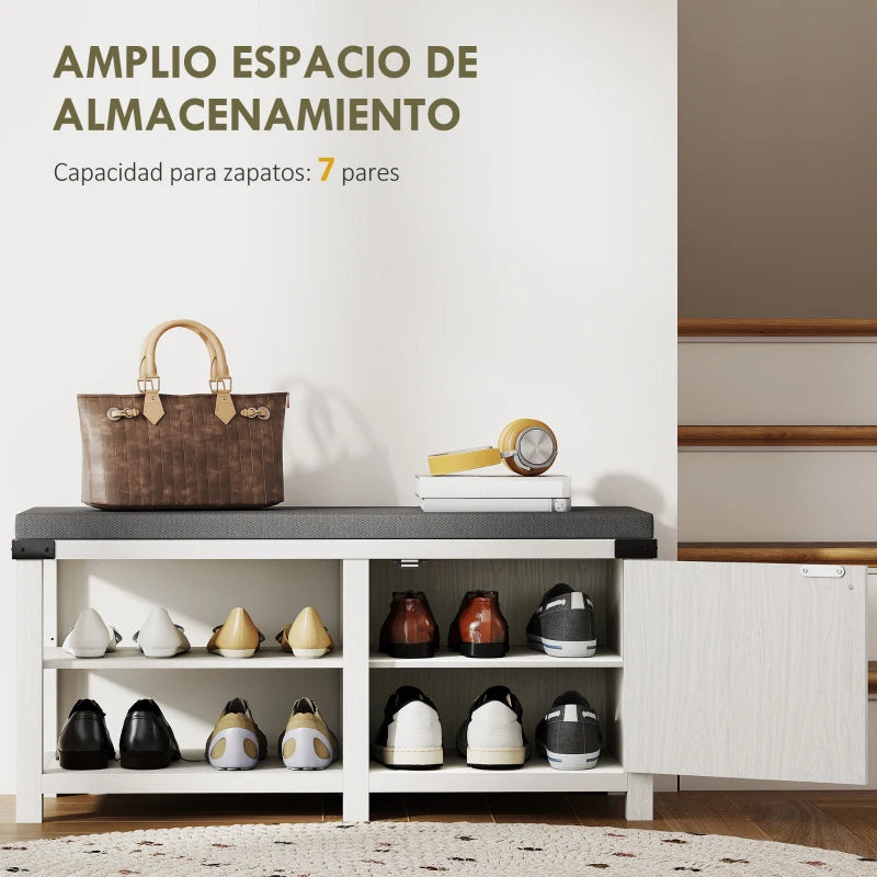 Banco zapatero con siete pares de zapatos organizados en sus compartimentos
