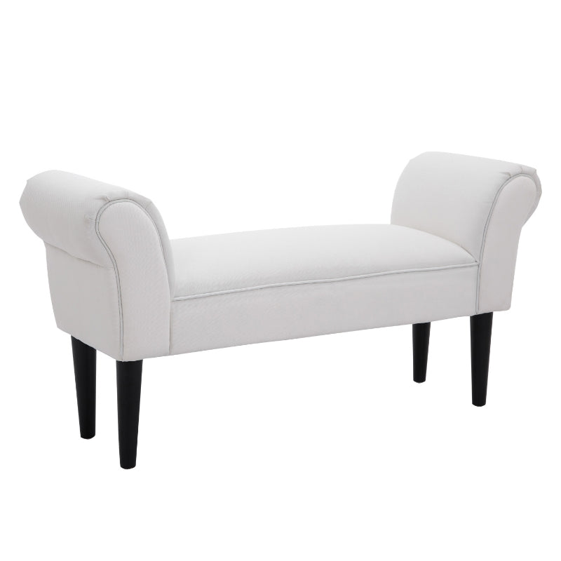 Banqueta de pie de cama tapizada en blanco con patas de madera