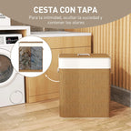 Vista frontal del cesto de ropa de bambú con la tapa cerrada