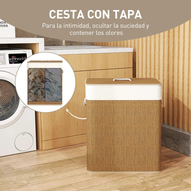 Vista frontal del cesto de ropa de bambú con la tapa cerrada