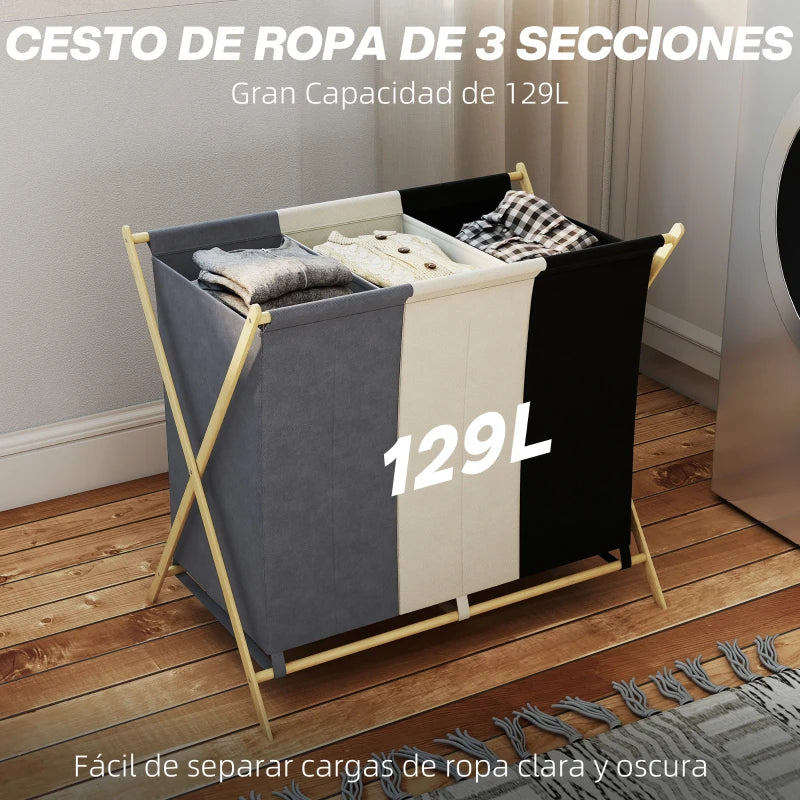 Cesto de ropa con 129 litros de capacidad total repartidos en tres bolsas