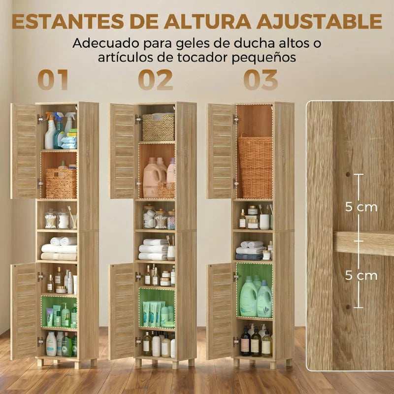 Interior con armarios cerrados y estantes ajustables para toallas y aseo