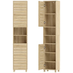 Columna de baño alta y estrecha en madera natural con puertas de lamas