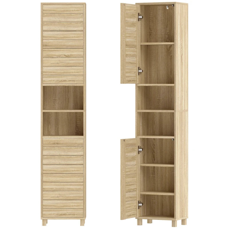Columna de baño alta y estrecha en madera natural con puertas de lamas