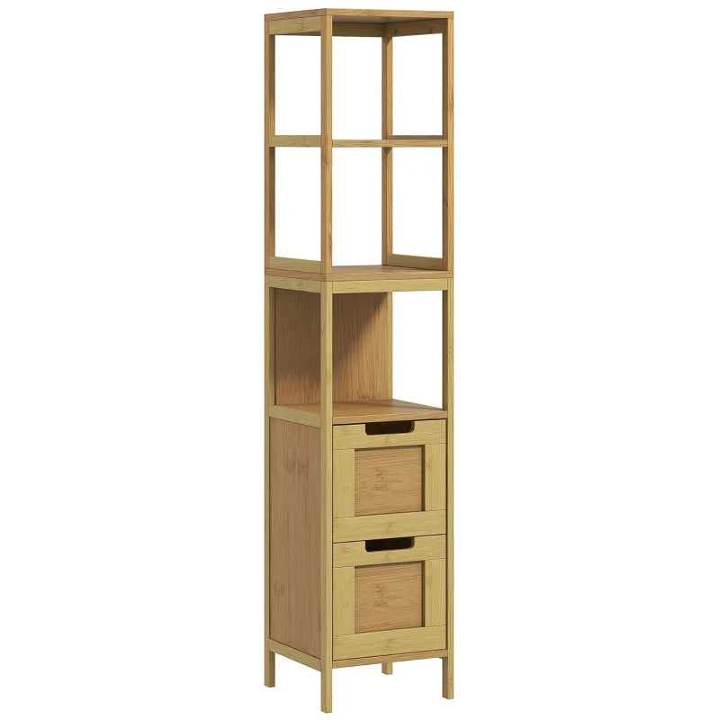 Columna de baño estrecha en madera natural con tres baldas abiertas y dos cajones