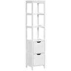 Columna de baño estrecha blanca con tres estantes abiertos y dos cajones