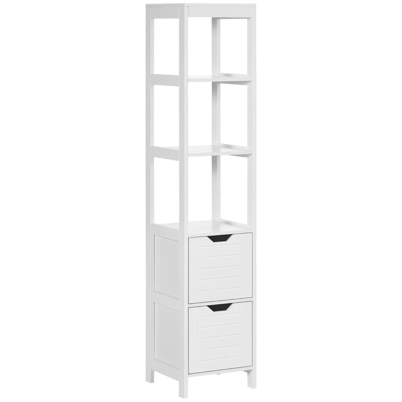 Columna de baño estrecha blanca con tres estantes abiertos y dos cajones