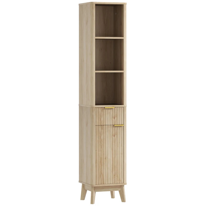 Columna de baño Trujillo alta y estrecha en tono madera en un baño moderno