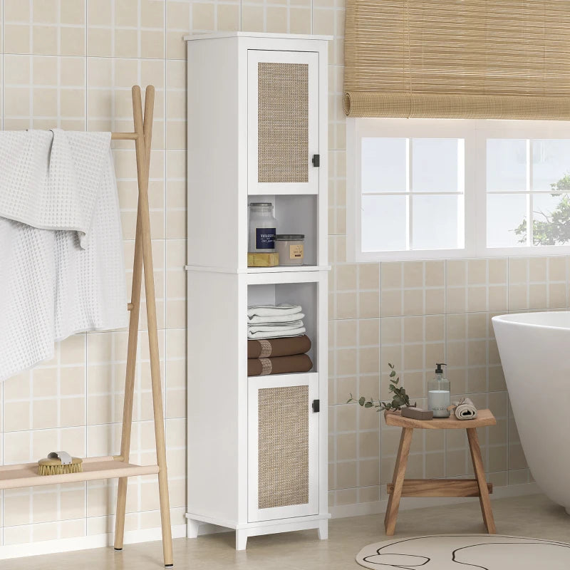 Columna de Baño Zorita Alta 167 cm Blanca con 2 Puertas de Ratán, Estantes Ajustables y Compartimentos Abiertos
