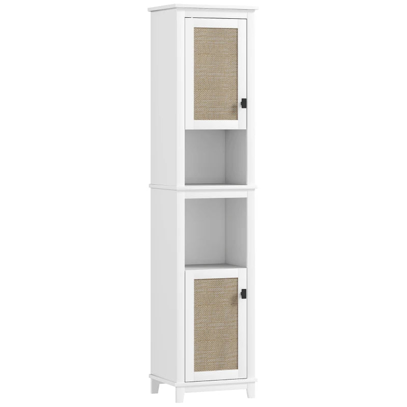 Columna de Baño Zorita Alta 167 cm Blanca con 2 Puertas de Ratán, Estantes Ajustables y Compartimentos Abiertos