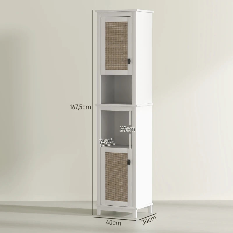Columna de Baño Zorita Alta 167 cm Blanca con 2 Puertas de Ratán, Estantes Ajustables y Compartimentos Abiertos