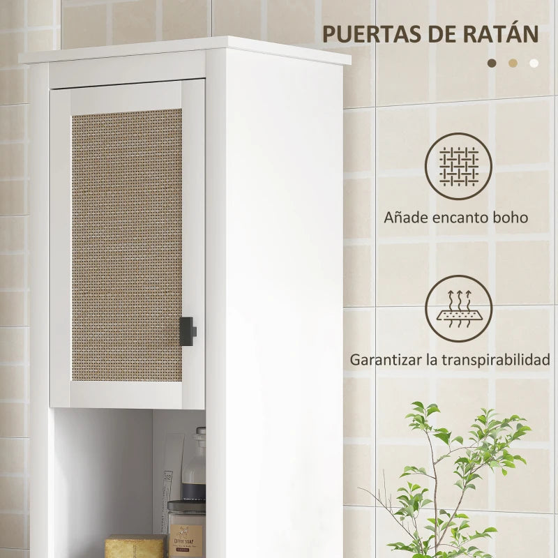 Columna de Baño Zorita Alta 167 cm Blanca con 2 Puertas de Ratán, Estantes Ajustables y Compartimentos Abiertos