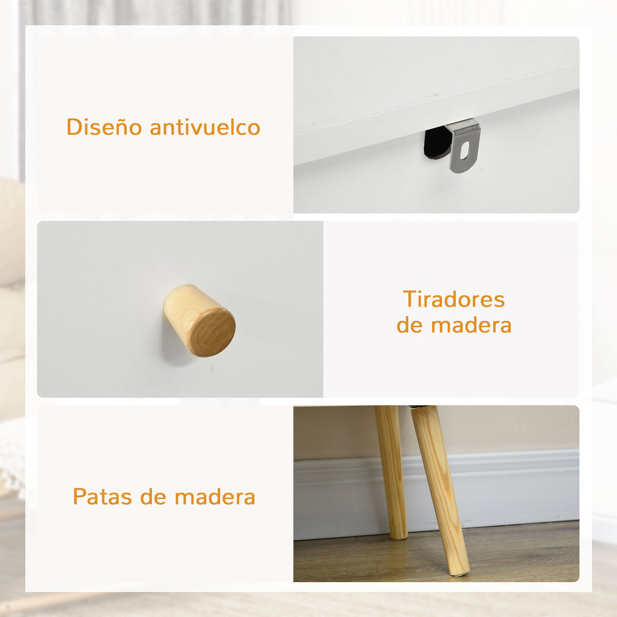Patas de madera de pino en tono natural de la cómoda Aria